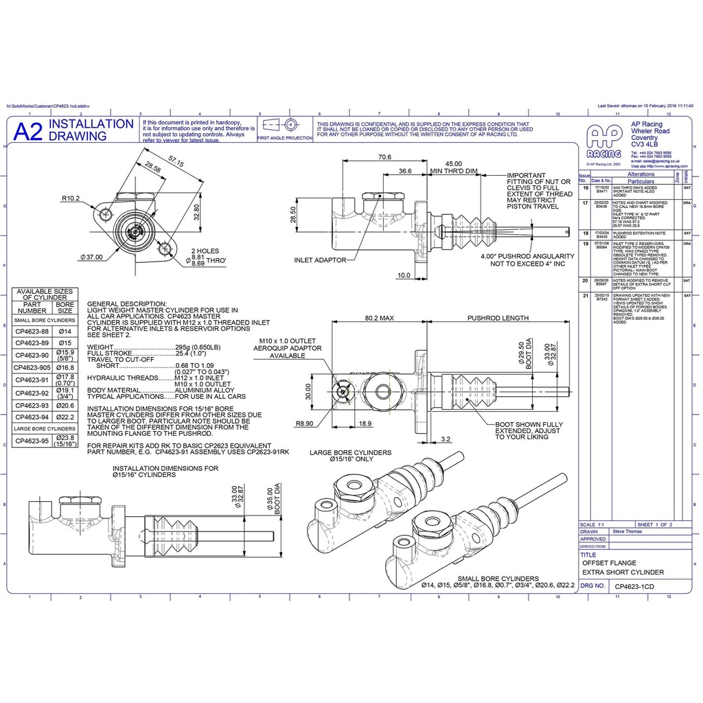 AP Racing CP4623 Master Cylinder With Short Body