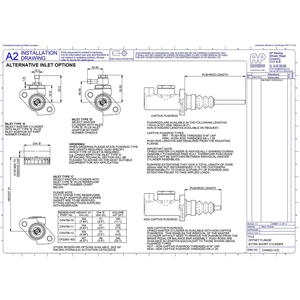 AP Racing CP4623 Master Cylinder With Short Body