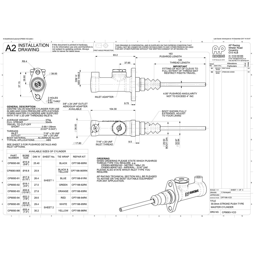 AP Racing CP9093 Master Cylinder