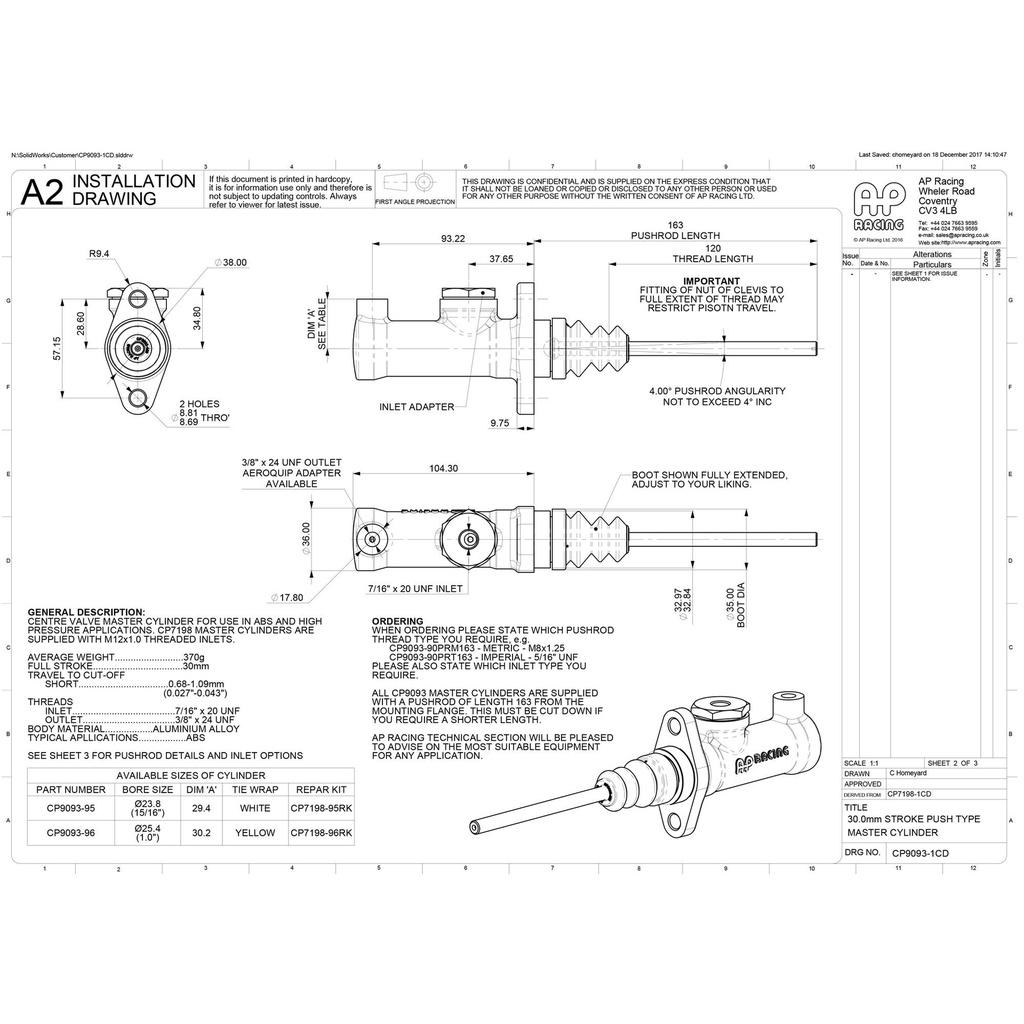 AP Racing CP9093 Master Cylinder