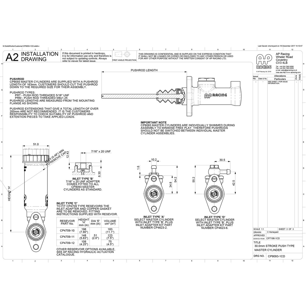 AP Racing CP9093 Master Cylinder