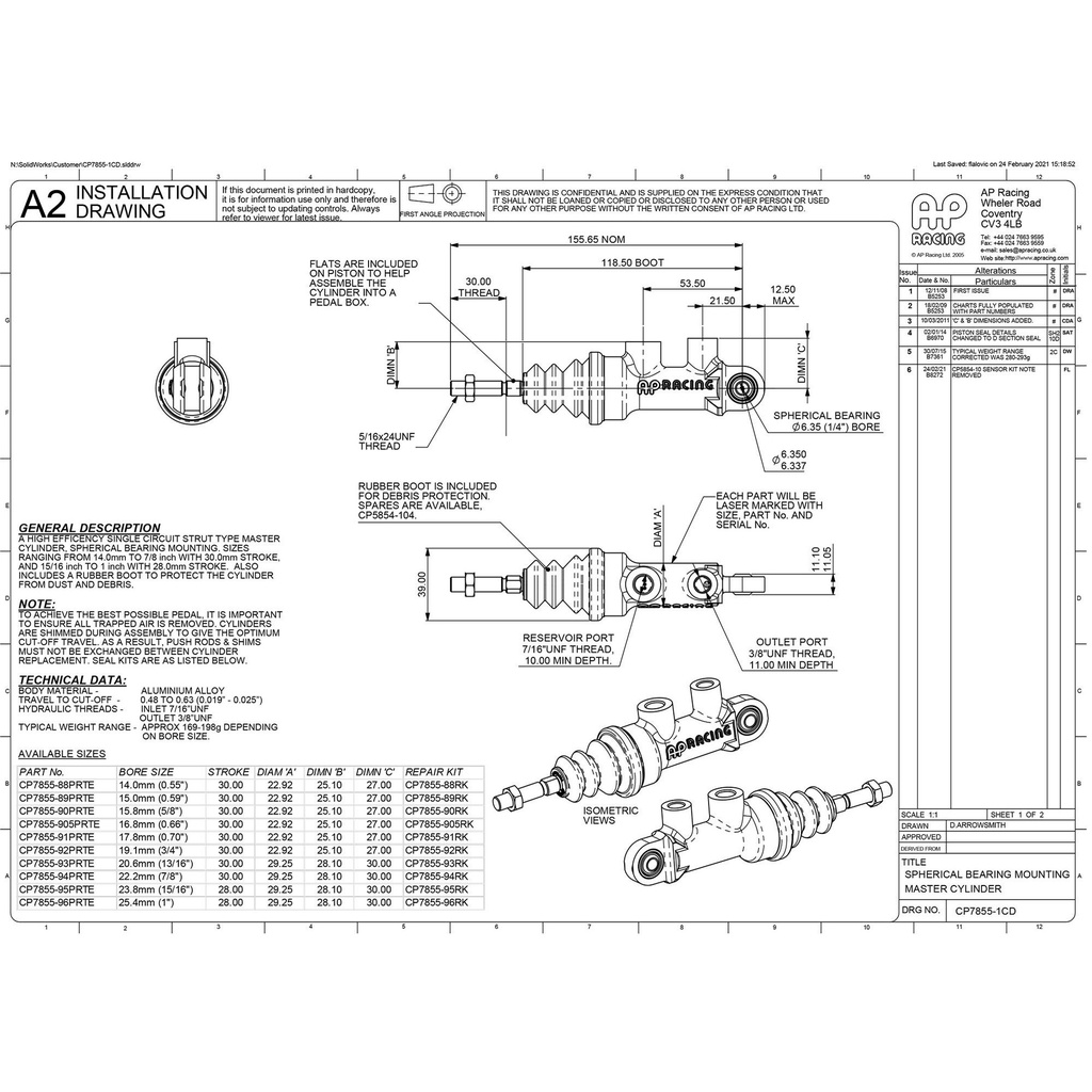 AP Racing CP7855 Master Cylinder With Spherical Bearing