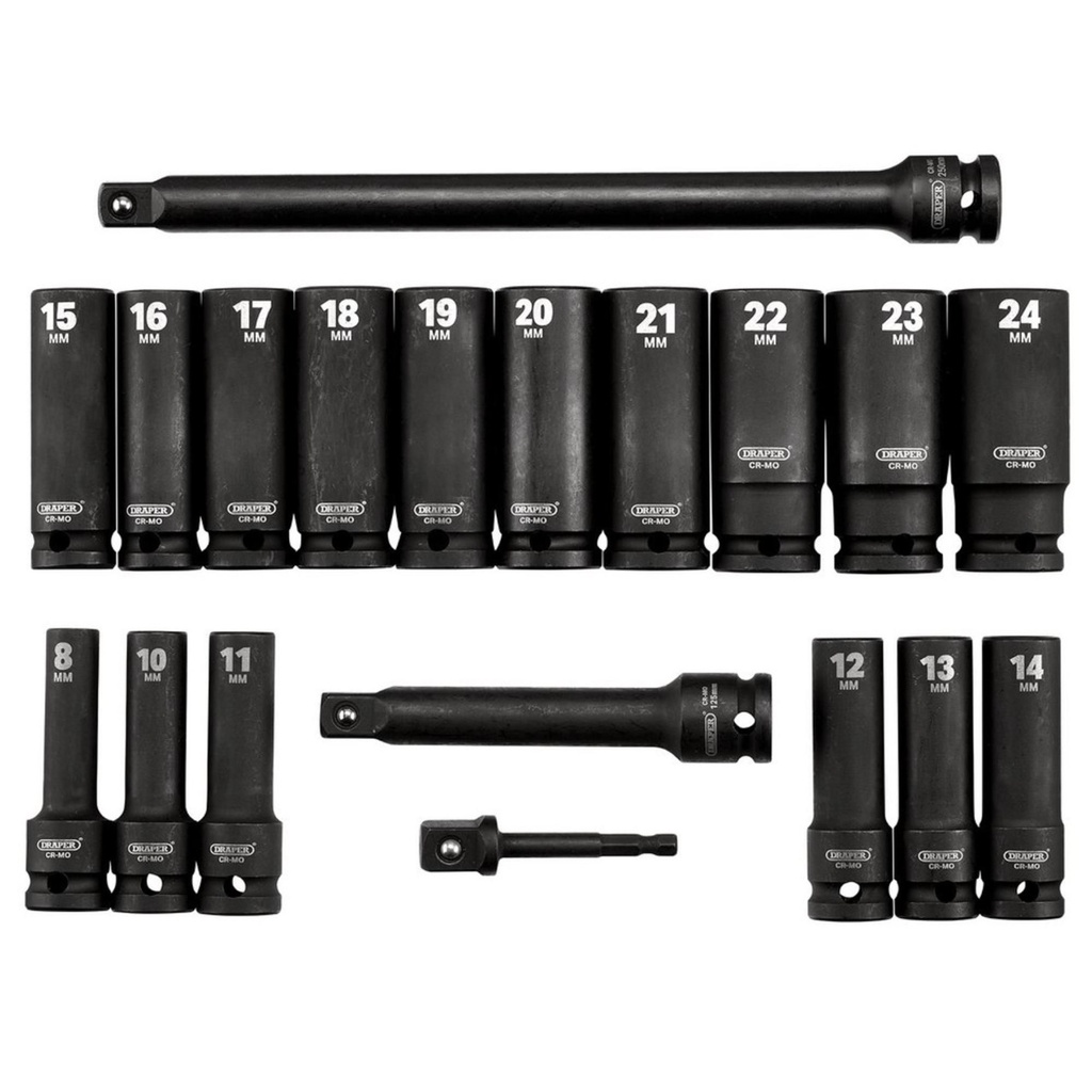 Draper Hi-Torq 1/2" Sq. Drive Metric Deep Impact Socket Set (19 Piece) - 04577
