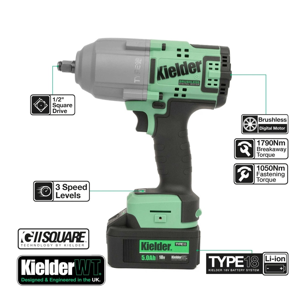 Kielder 18V Duo Impact Wrench Kit - 1/2" 1050Nm & 3/8" 340Nm