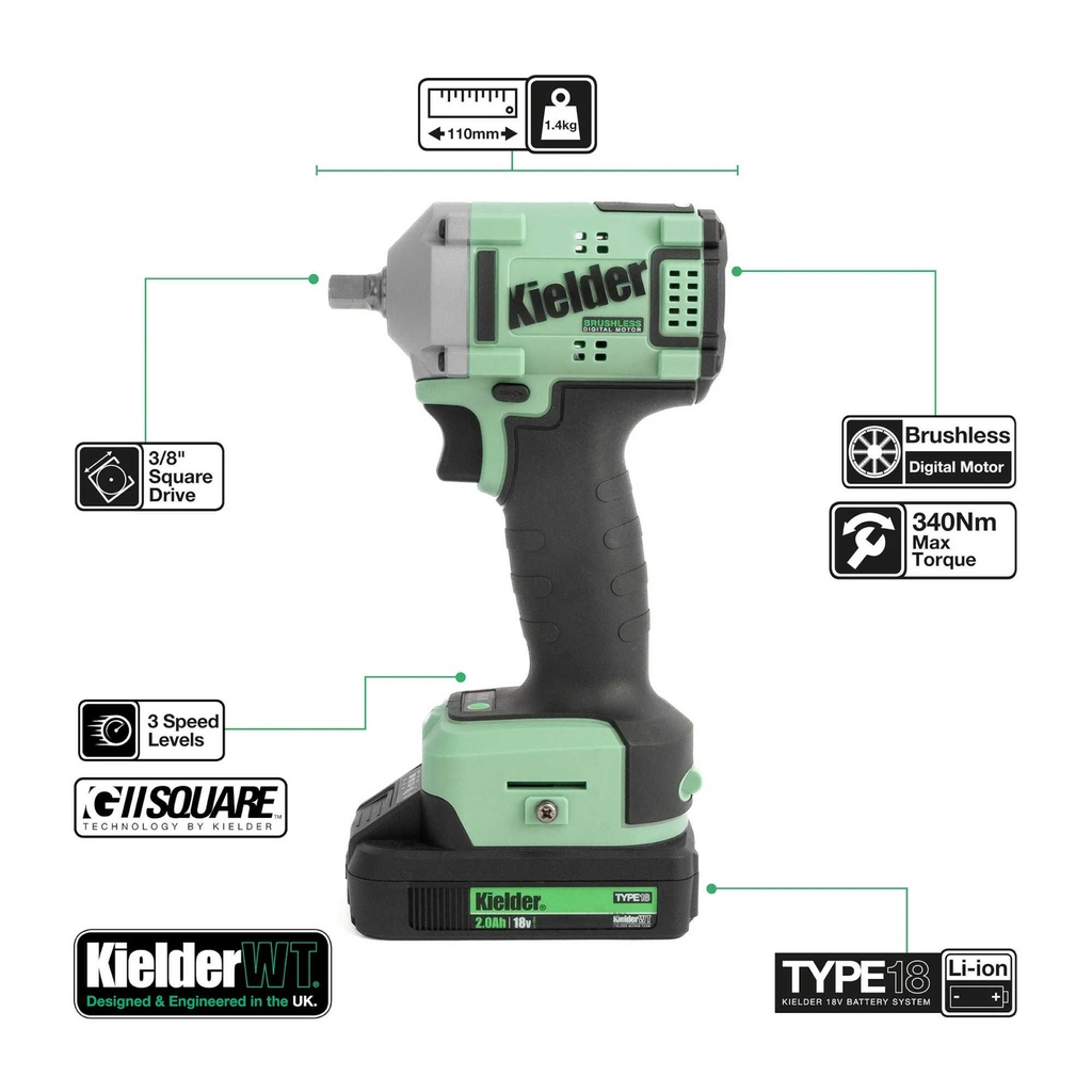 Kielder 18V Duo Impact Wrench Kit - 1/2" 1050Nm & 3/8" 340Nm