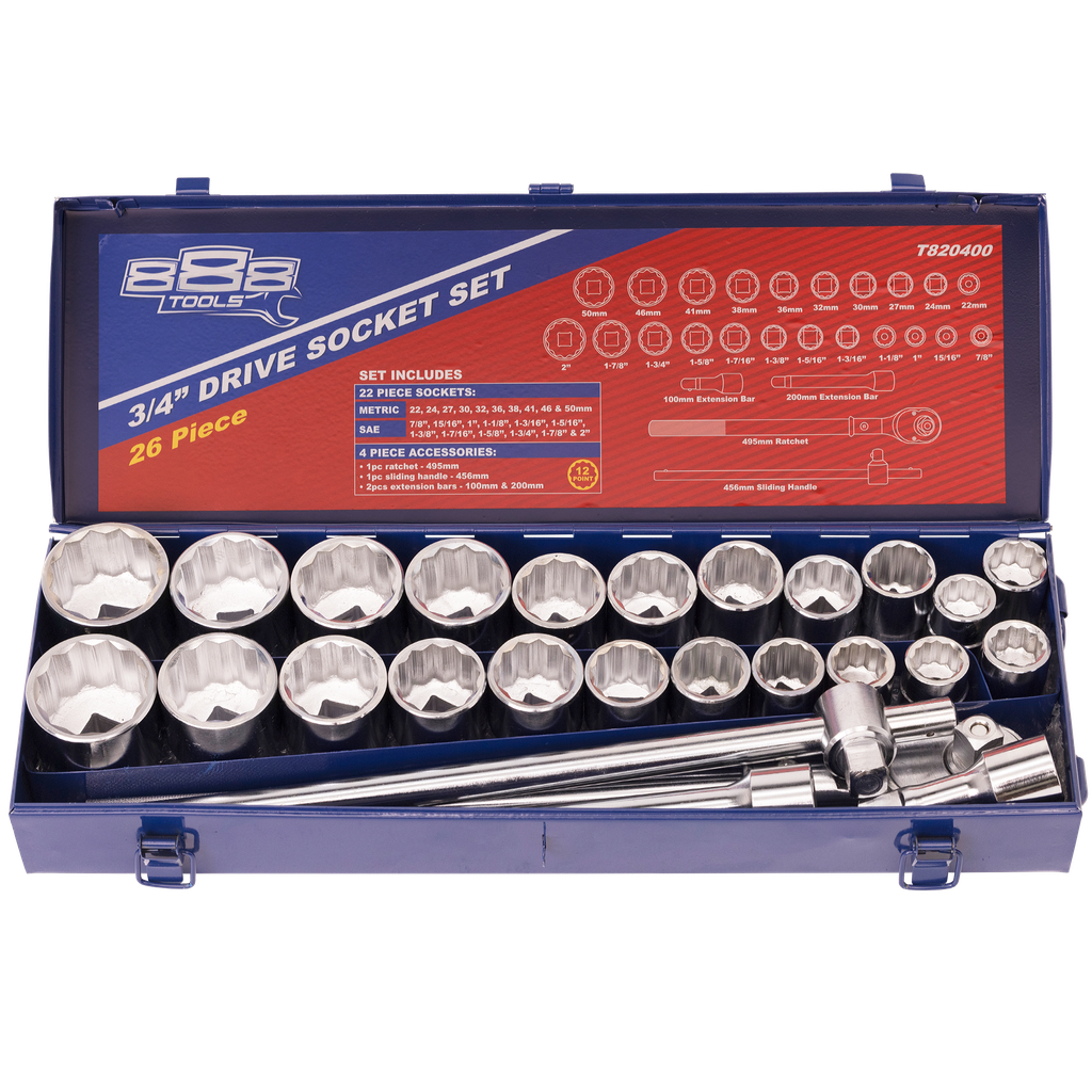 SOCKET SET - 888 3/4"DR 12PT 26PC METAL BOX