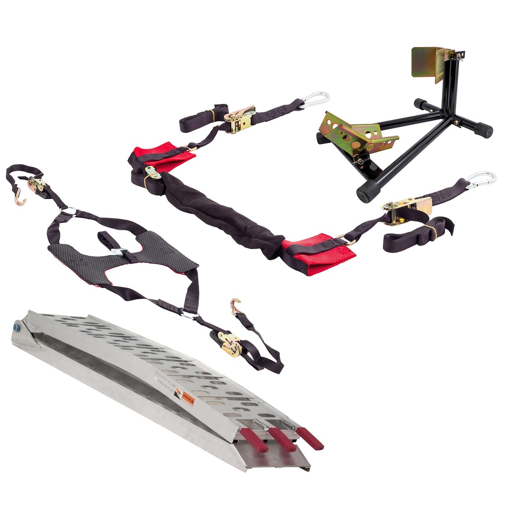 [UBRPDSCHKSTRAPRAMP/AKN] Warrior Bar Straps, Tyre Down, Heavy Duty Wheel Chock and Loading Ramp Bundle