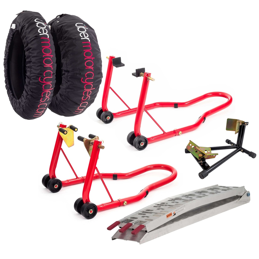 [UBRRAMPBWCHKFRSTDTW/AKN] Warrior Ramp, Wheel Chock, Front & Rear Stands and Uber Tyre Warmer Bundle