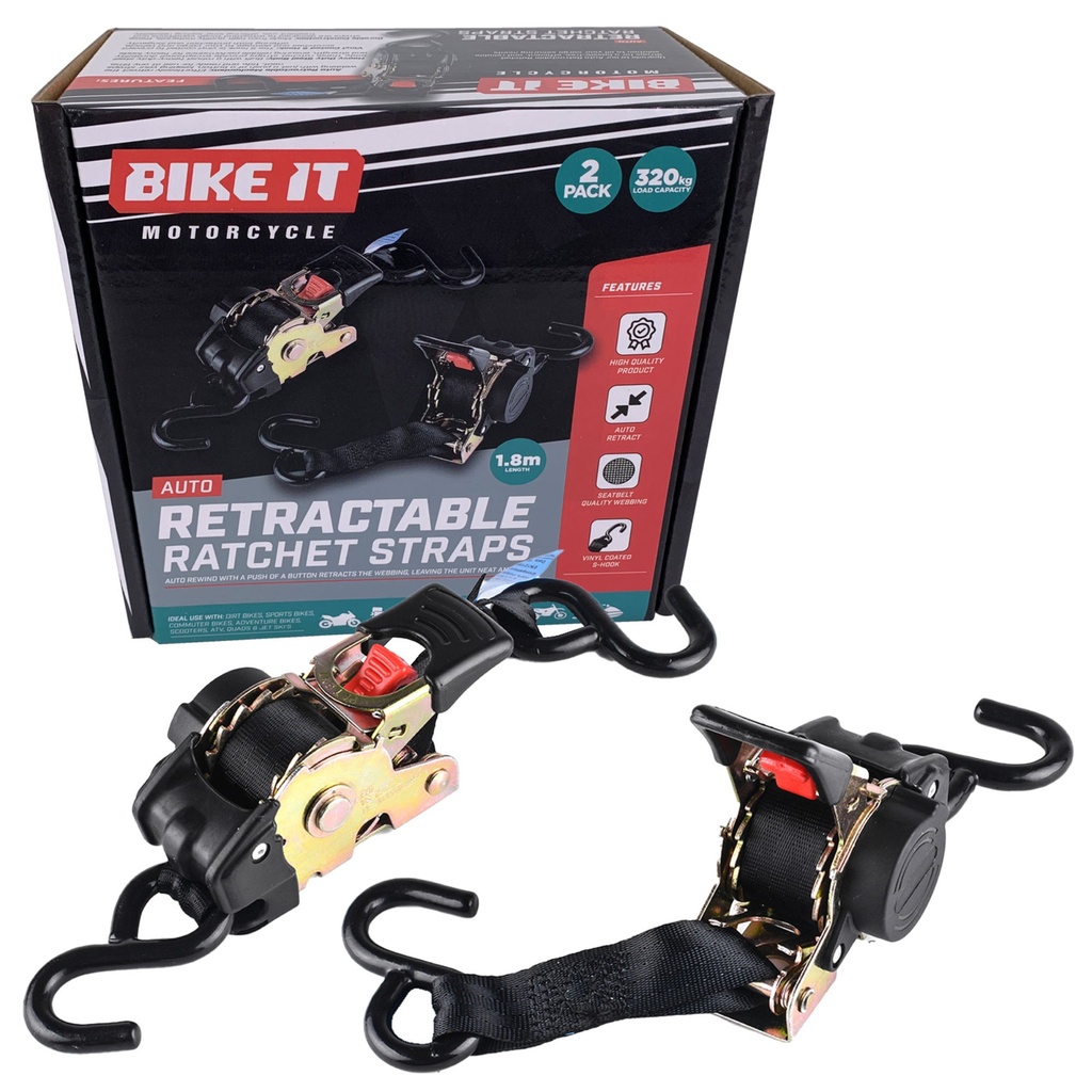 [BIKTIE2RTC01] Bike-It Auto-Retractable Ratchet Tiedown - 2Pc