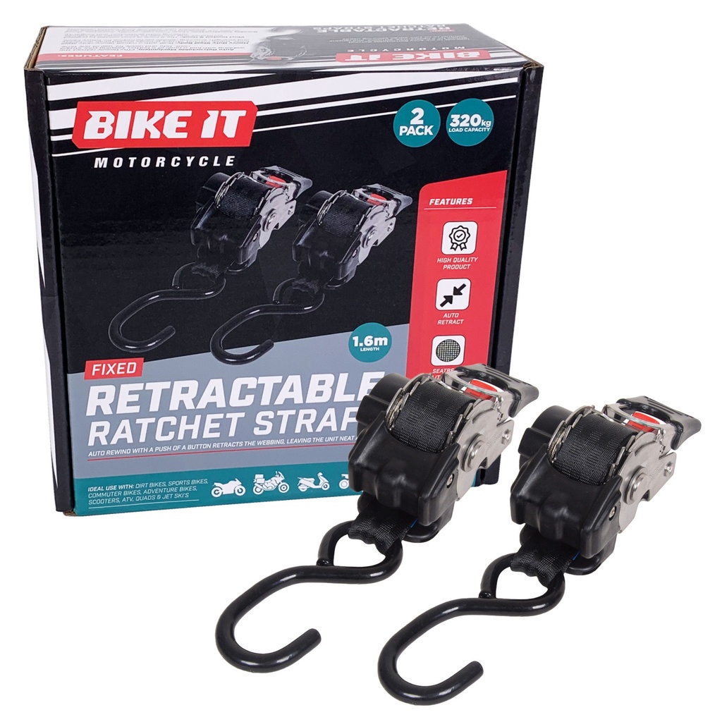 [BIKTIE2FIX01] Bike-It Fixed Auto-Retractable Ratchet Tiedown - 2Pc