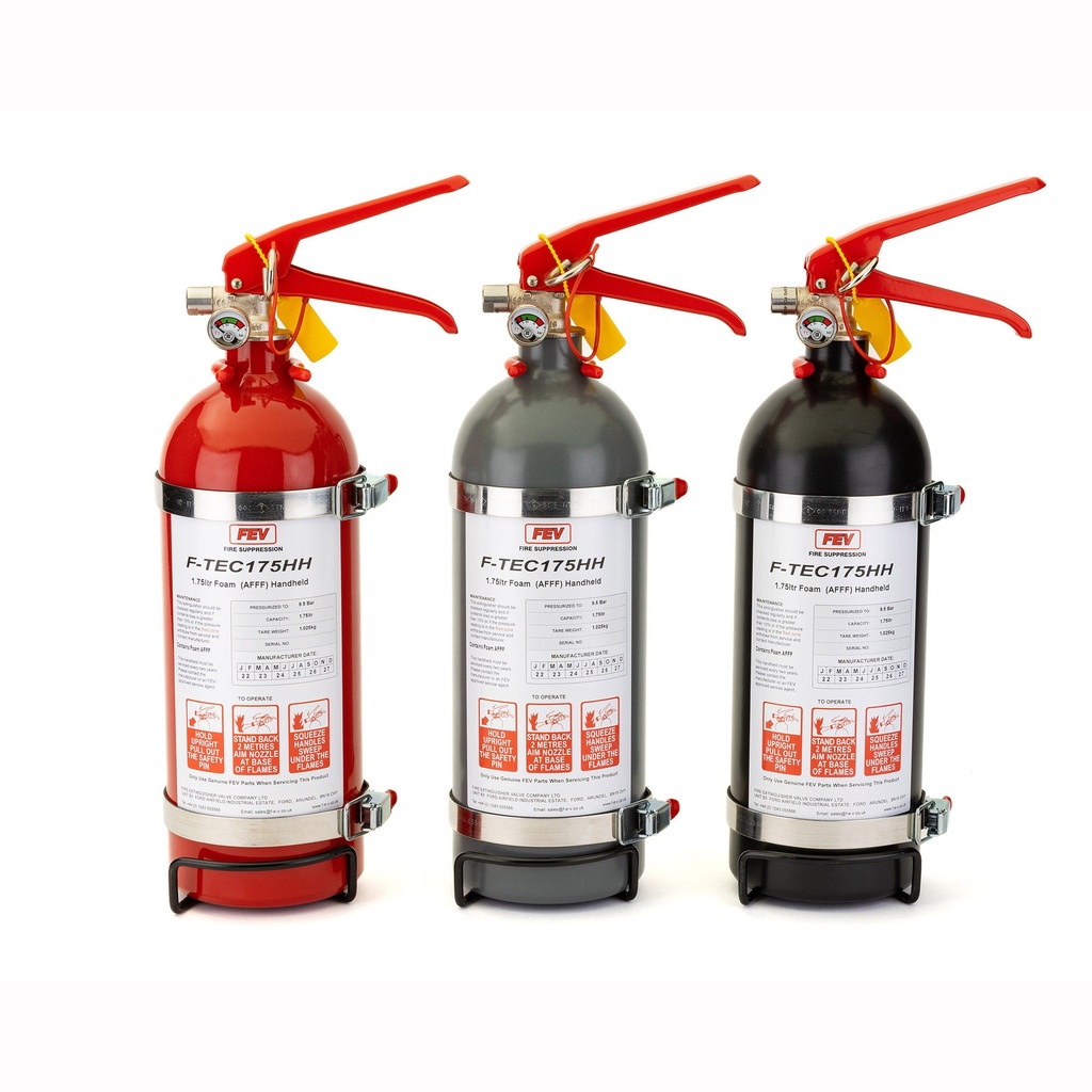 [7000769-3284985] FEV 1.75 Litre F-TEC Foam Hand Held Fire Extinguisher (Matt Black, Steel Wire Bracket With 2 x Straps)