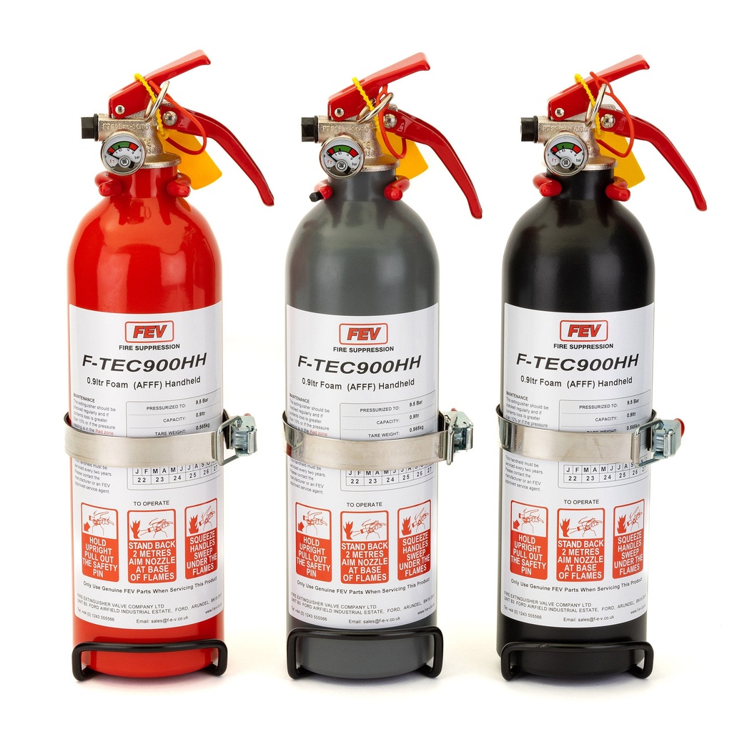 [7000768-3284961] FEV 0.9 Litre F-TEC Foam Hand Held Fire Extinguisher (Matt Black, Steel Wire Bracket With Strap)