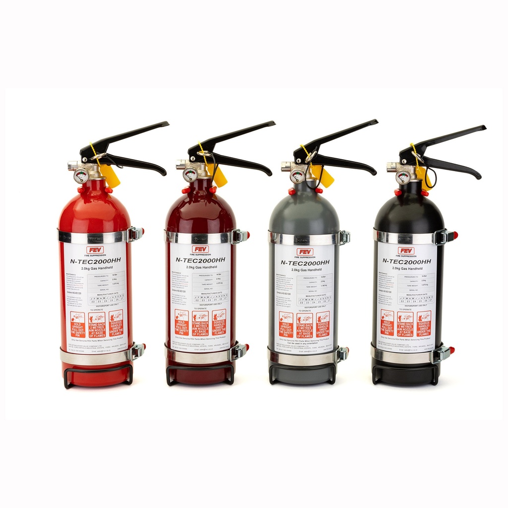 [7000771-3288973] FEV 2.0Kg N-TEC Gas Hand Held Fire Extinguisher (Matt Black, Steel Wire Bracket With 2 x Straps)