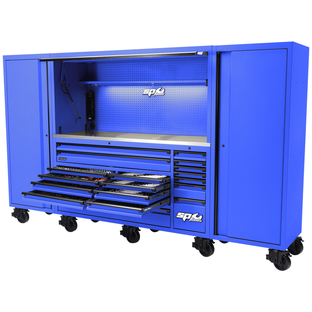 [SP50857BL] TOOLKIT 1017PC METRIC/SAE - USA SUMO SERIES 128" ROLLER CABINET WITH POWER TOP HUTCH AND SIDE CABINETS 18 DRAWER - BLUE