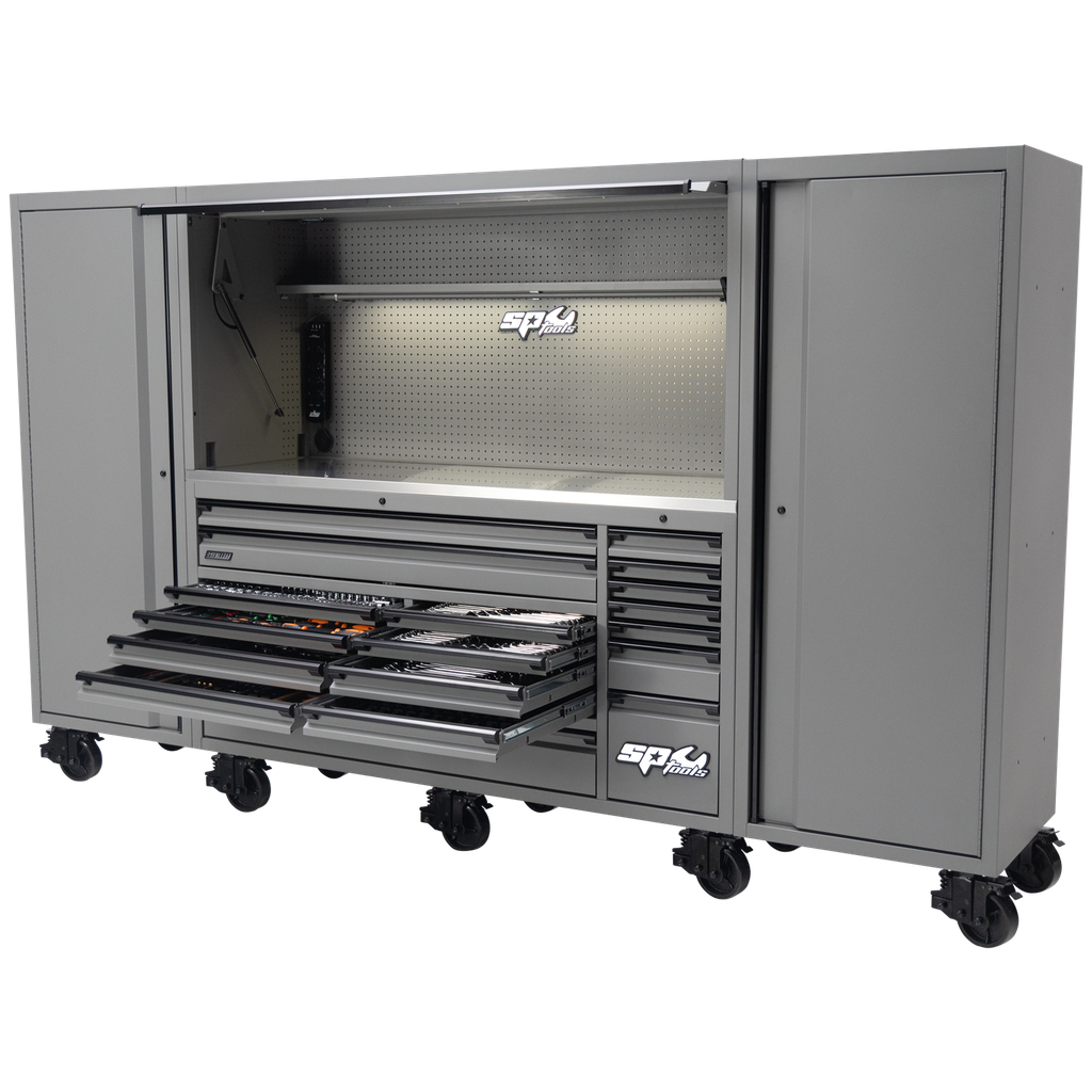 [SP50857GY] TOOLKIT 1017PC METRIC/SAE - USA SUMO SERIES 128" ROLLER CABINET WITH POWER TOP HUTCH AND SIDE CABINETS 18 DRAWER - MATTE GREY