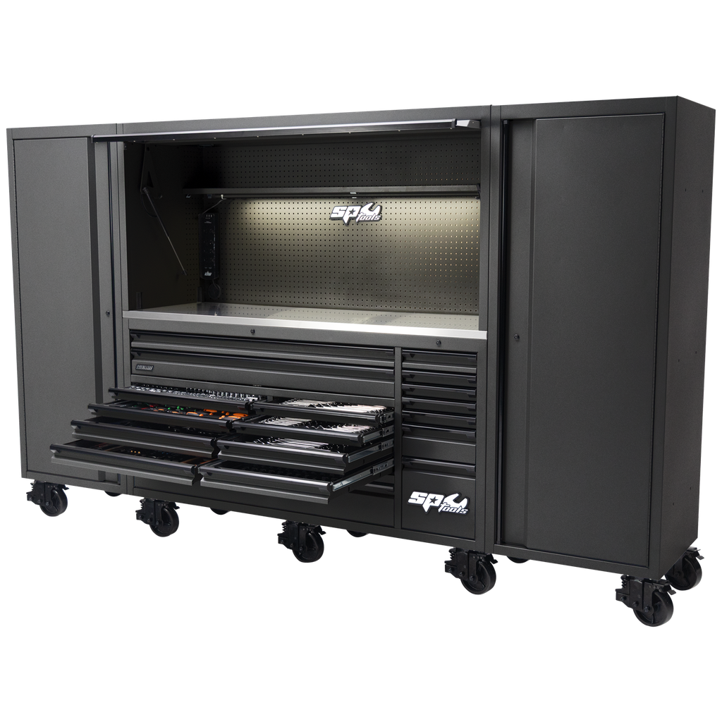 [SP50857BK] TOOLKIT 1017PC METRIC/SAE - USA SUMO SERIES 128" ROLLER CABINET WITH POWER TOP HUTCH AND SIDE CABINETS 18 DRAWER MATTE BLACK
