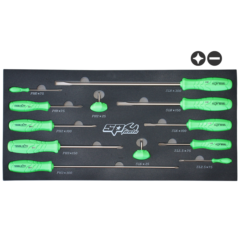 SCREWDRIVER SET - SLOTTED/PHILLIPS GREEN GRIPS - 12PC SET