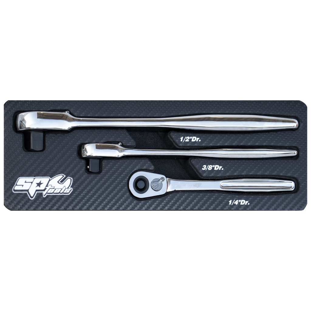 [SP29349] SOCKET ACCESSORIES - 1/4", 3/8", 1/2"DR ULTRA THIN RATCHET SET - CARBON EVA