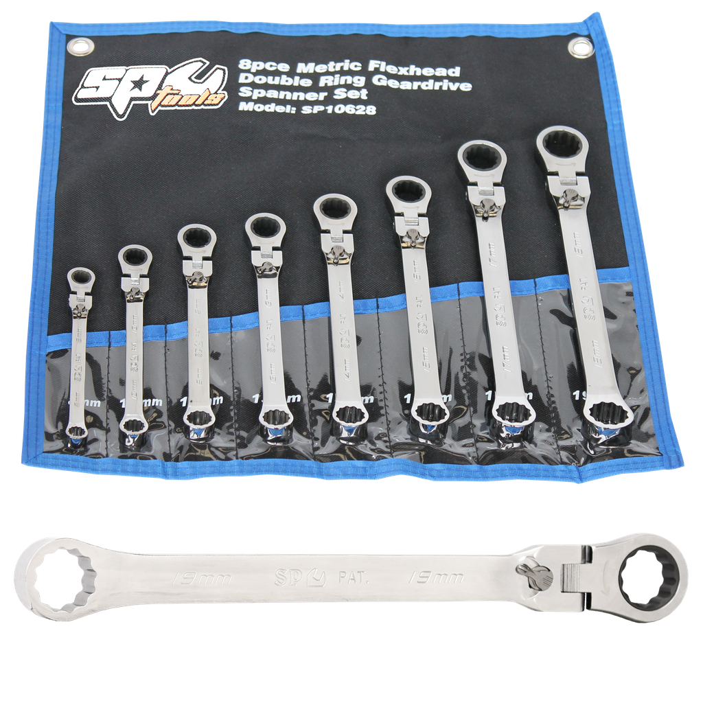 SPANNER SET - DOUBLE RING GEARDRIVE LOCKING FLEX HEAD 8PC METRIC