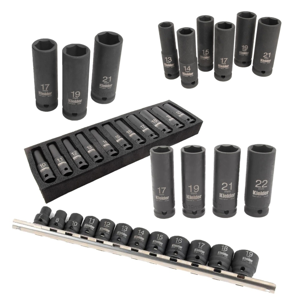 [6001054-3840045] Kielder Impact Socket Set (1/2 Inch Square Drive, 11 Piece (10-19 & 21mm) On Rail, Short (38mm))